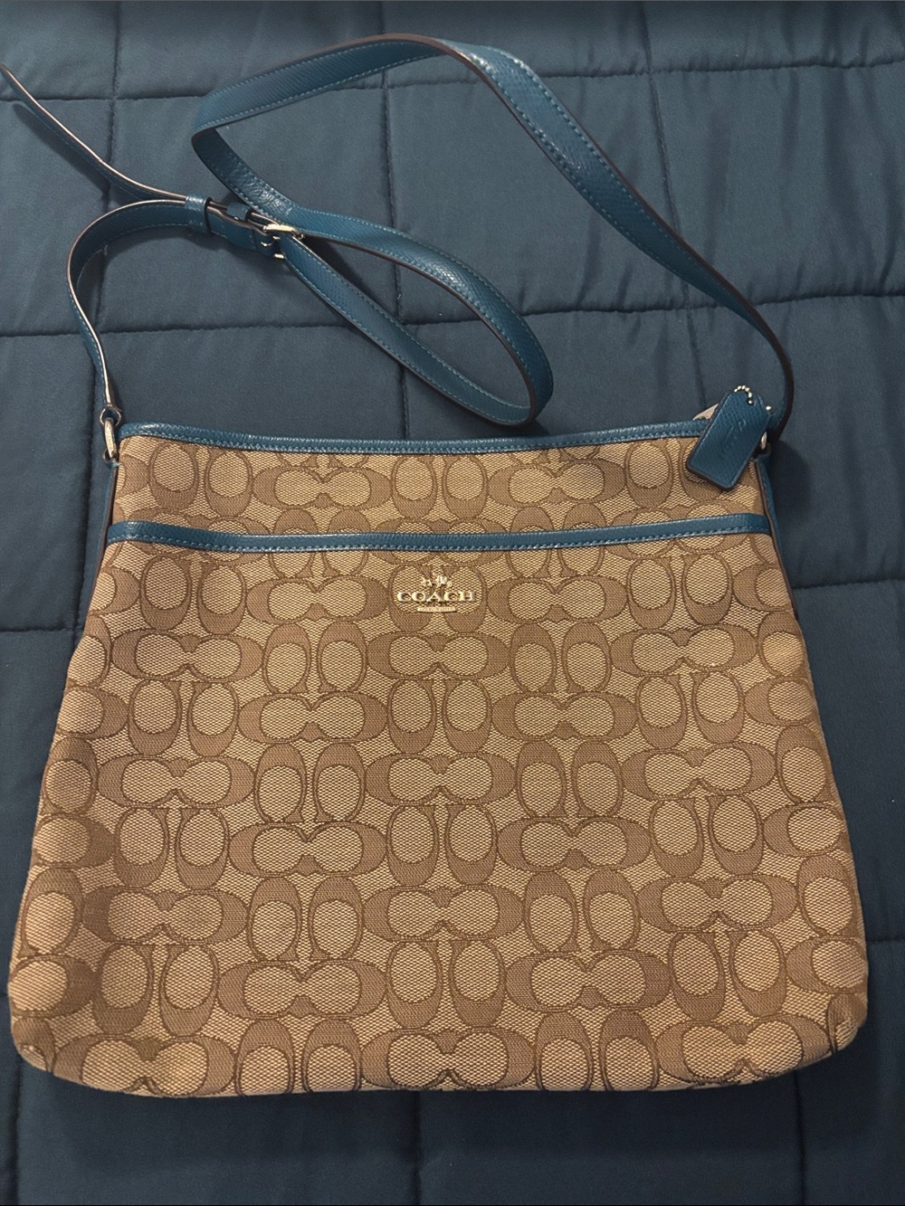 Coach Brown Signature Crossbody with Teal Trim